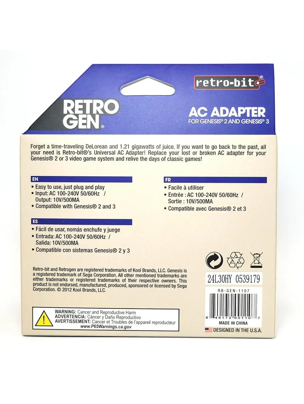 Power Supply AC Adapter Cord/Plug (Sega Genesis Model 2/3) - New In Box